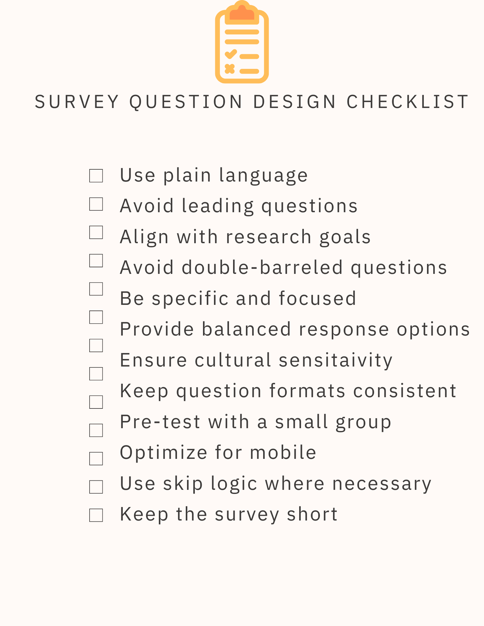 Survey Question Design Checklist with a blue clipboard icon and 12 checklist items related to survey question design best practices, including using plain language, avoiding leading questions, and optimizing for mobile.